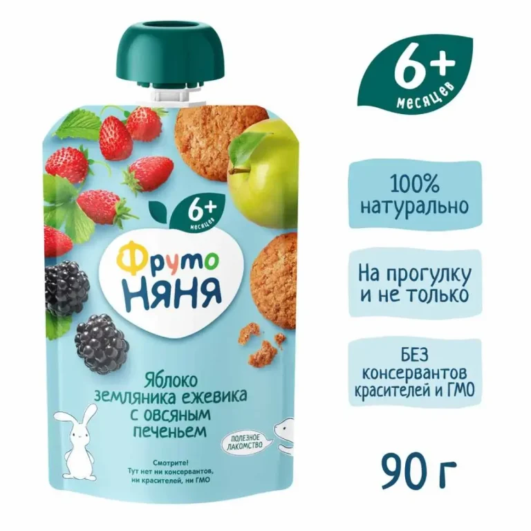 Пюре ФрутоНяня яблоко земляника ежевика с овсяным печеньем 90г пауч 6+ мес