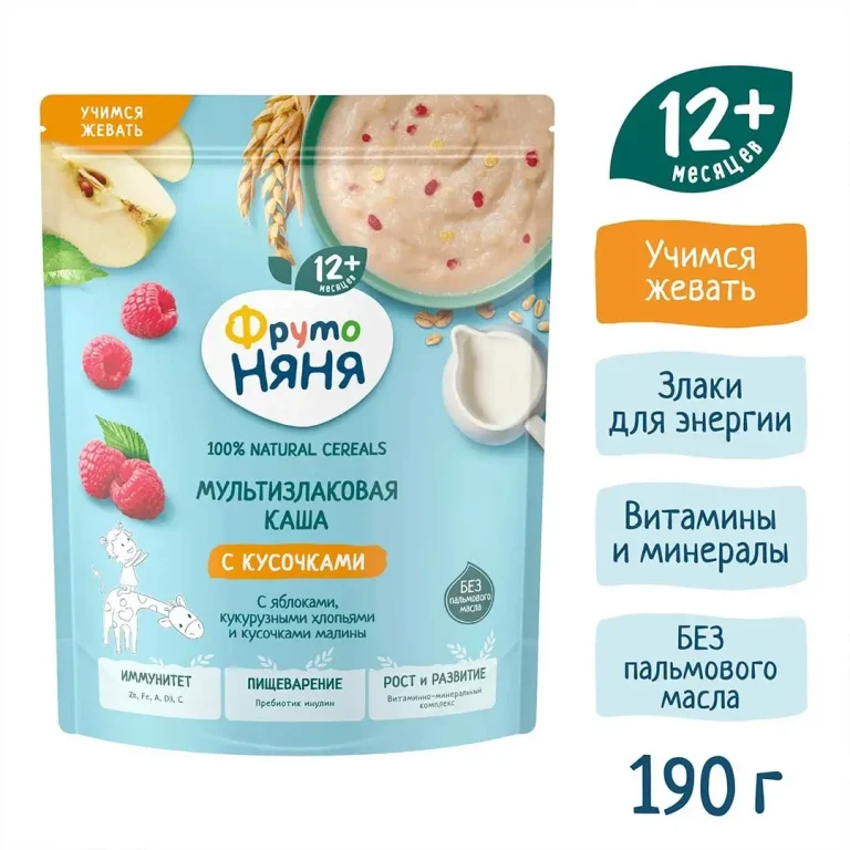 Каша сухая ФрутоНяня мультизлаковая молочная с яблоками, кукурузными хлопьями и кусочками малины, 190г с 12+ мес