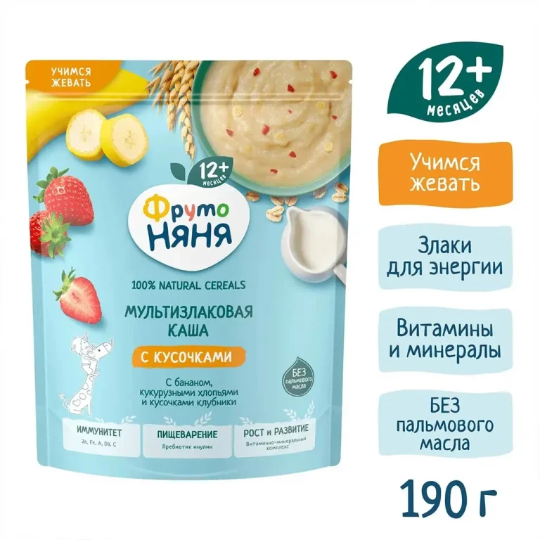 Каша сухая ФрутоНяня молочная мультизлаковая с бананом, кукурузными хлопьями и кусочками клубники, 190г с 12+ мес