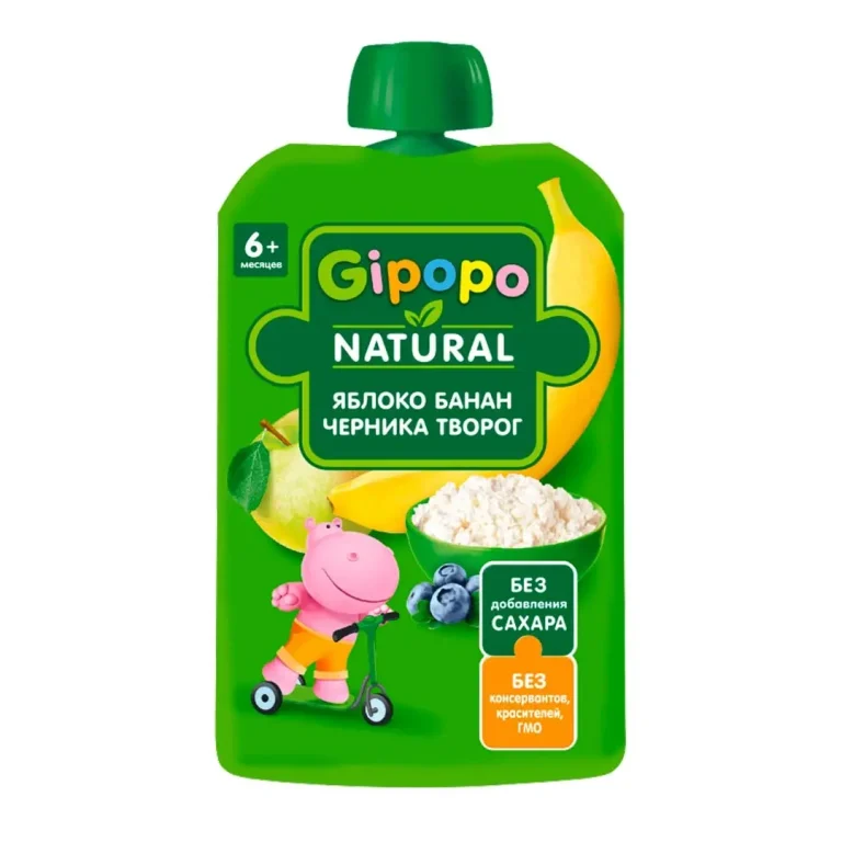 Пюре GIPOPО Яблоко, банан, черника, творог 90 гр 6+ мес