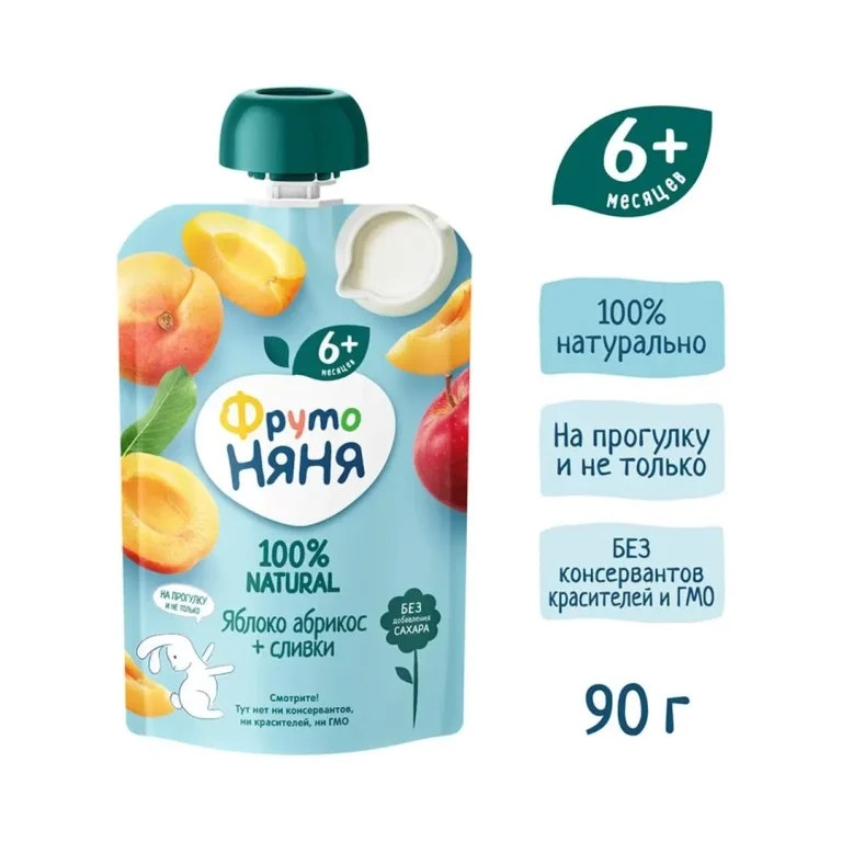 Пюре ФрутоНяня яблоко, абрикос и сливки 90г пауч 6+ мес