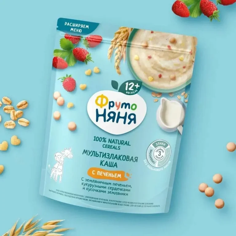 Каша мультизлаковая ФрутоНяня молочная с земляничным печеньем кукурузными сердечками и кусочками земляники 200 гр с 12+ мес